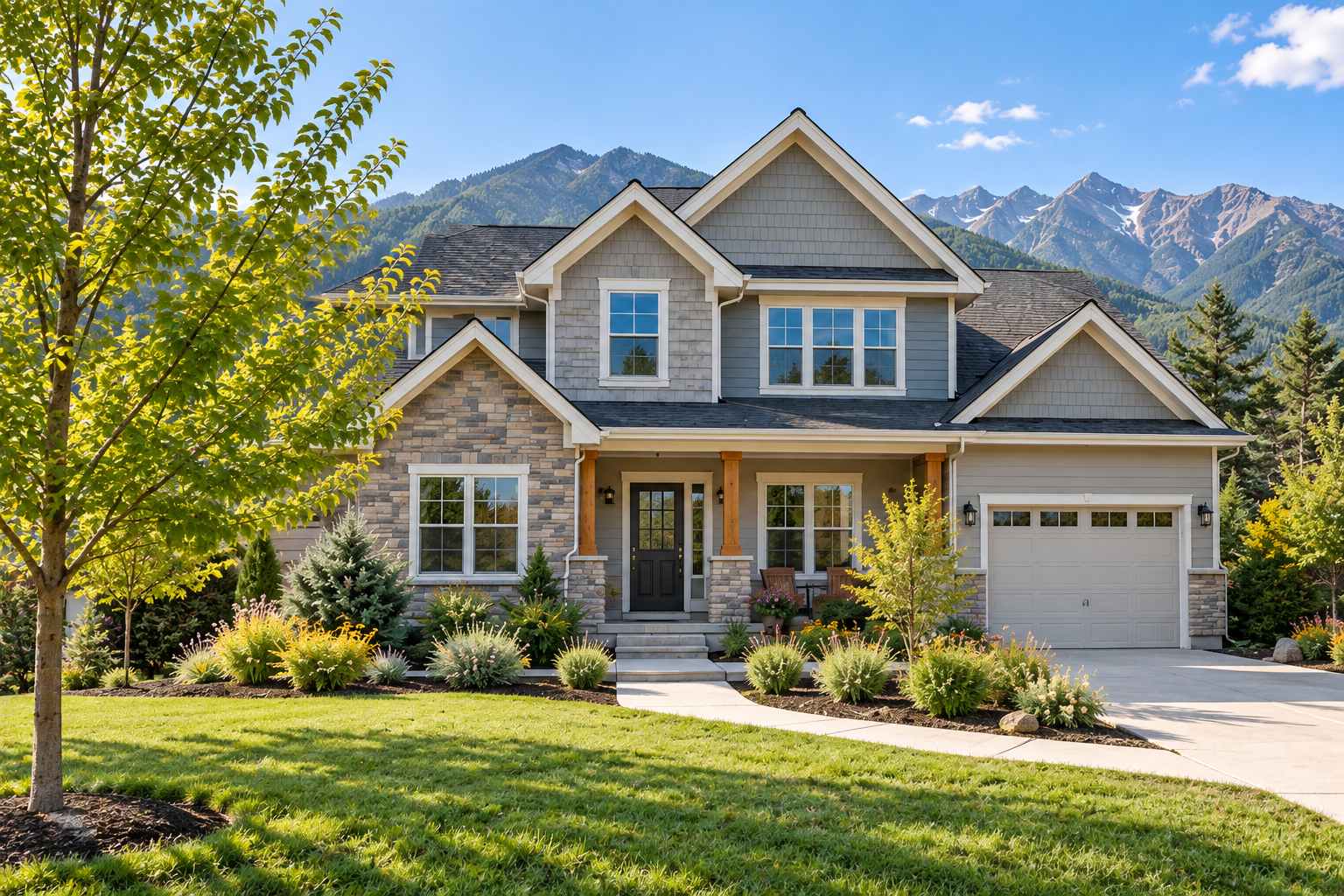 Illustrative Colorado-style home with mountains in the distance